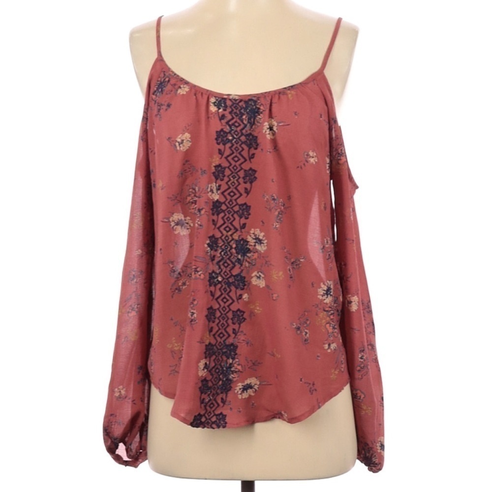 2/$15 Xhilaration- Pink Blue Floral Long Sleeve Cold Shoulder Top – Size M